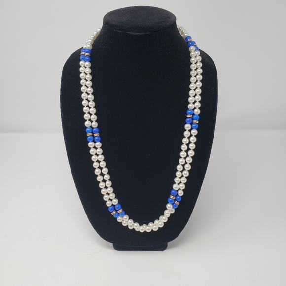 Jewelry - Blue and Pearl Glass Bead Necklace